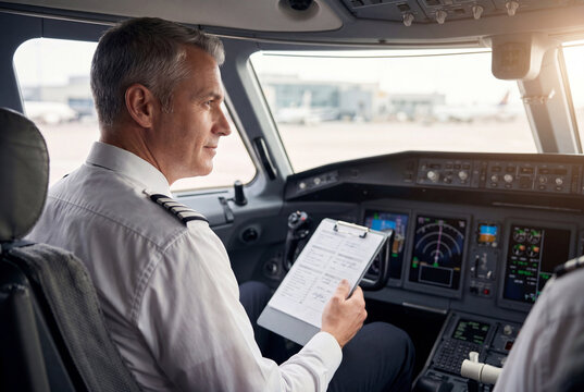 Airline pilot holding preflight checklist in modern aircraft cockpit