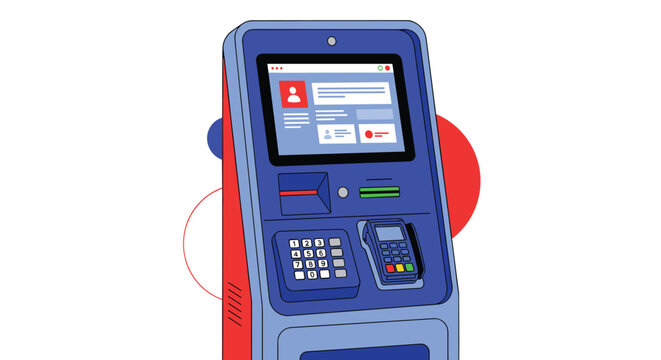 Modern self service kiosk terminal with a touchscreen display and card reader for automated transactions in public locations.