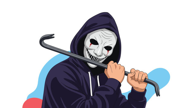 Dangerous thief wearing a white mask and black hoodie, holding a metal crowbar over his shoulder, ready for a break-in or criminal act.