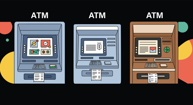 Set of three different automated teller machines in various colors designed for banking and financial service illustrations.