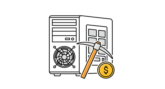 Concept of cryptocurrency mining showing a computer tower next to a pickaxe and a golden dollar coin for digital finance.