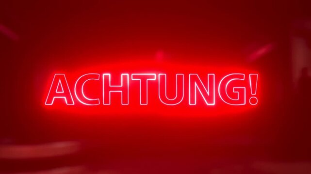 Slow motion reveal of neon sign achtung! pulsing and brightening with subtle dolly movement in dark interior club stage setting at night