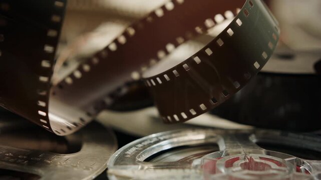 Vintage film and audio reels close up sliding camera motion stock footage