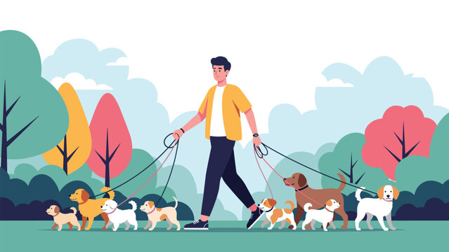 Professional dog walker strolling through a colorful park with many different breeds of dogs on leashes, enjoying the nature and fresh air.