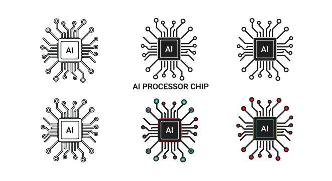 Multiple versions of an artificial intelligence processor chip icon showing different styles for technology and computing design.