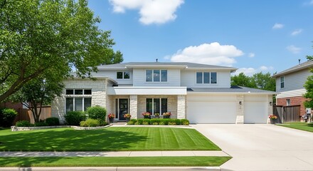 Beautiful twostory house with wellmanicured lawn and stone facade