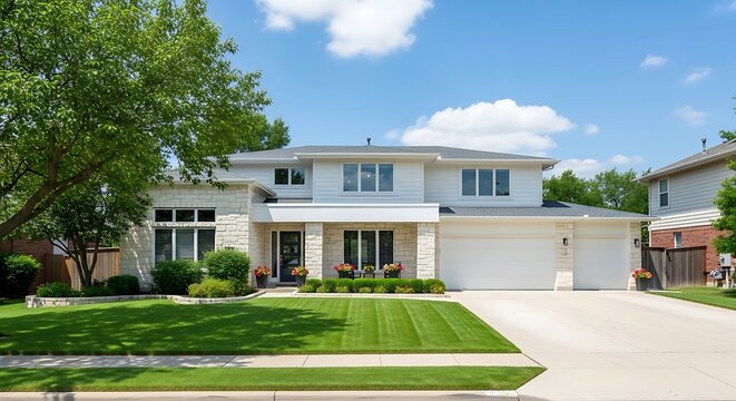 Beautiful twostory house with wellmanicured lawn and stone facade