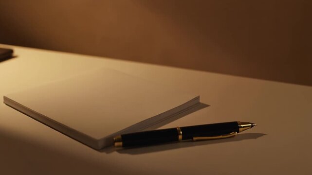 still life of blank notepad and black pen on desk
