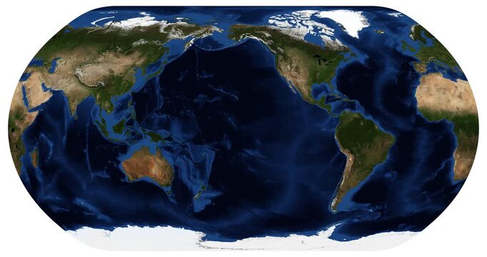 World Map in Natural Earth projection. Animated longitude shift rotation. High detail physical map. June View. Elements of this video furnished by NASA.