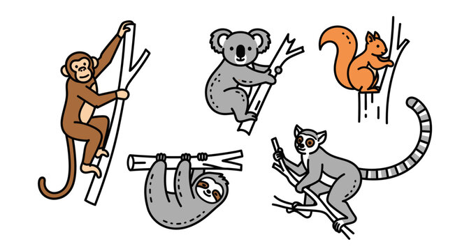 Cartoon animals collection monkey koala squirrel sloth and lemur on trees