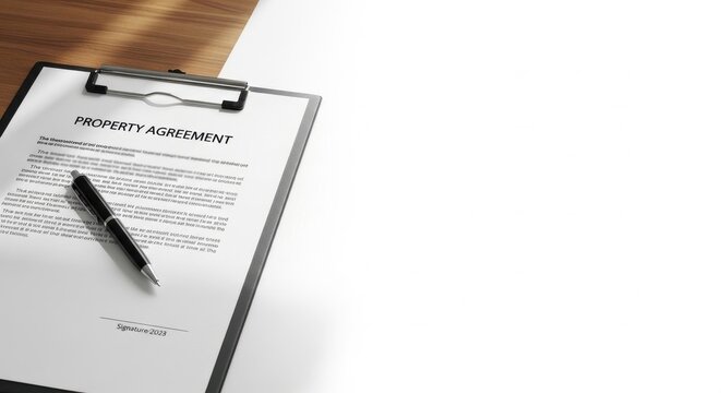 Clipboard with detailed property agreement and pen resting on a wooden desk, representing serious real estate decisions, contracts, and long term financial commitment
