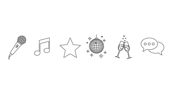 Iconic party elements microphone note star disco ball champagne speech bubble