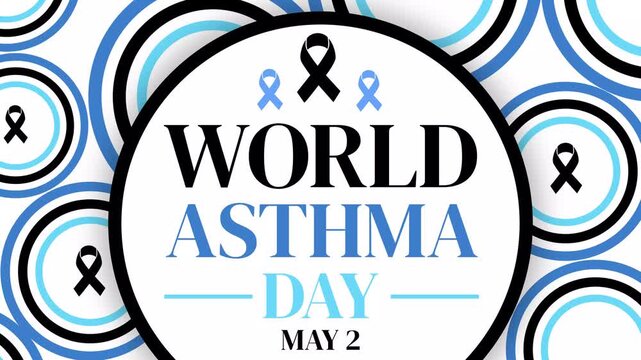 World Asthma Day May 2 Awareness Poster Featuring Blue Ribbon and Circular Pattern Background for Health Promotion Design