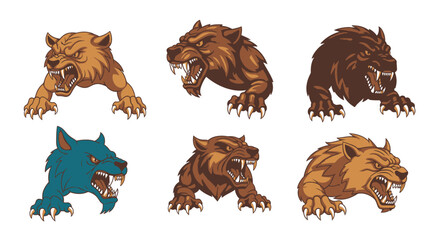 Fototapeta premium Stylized illustrations of various roaring wildcats in different colors on white background