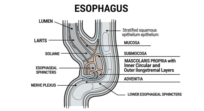 Medical illustration of human esophagus anatomy showing layers and structures