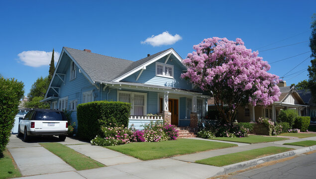 Charming Suburban House With Cherry Blossom Tree and Well-Maintained Front Yard in Spring