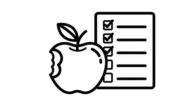 Apple with a bite mark placed next to a checklist symbolizes the completion of healthy lifestyle goals and the satisfaction of finishing daily tasks through careful planning and mindful nutrition.