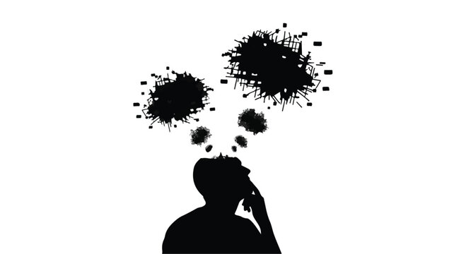 Thoughtful person experiences mental clutter as chaotic shapes swirl above their head.