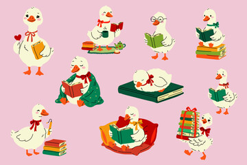 Fototapeta premium Cute Reading Goose Character Set Cartoon Illustration