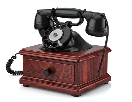 Vintage Black Rotary Dial Telephone on Wooden Box.