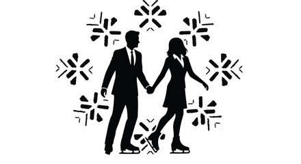 Obraz premium Couple skates together on ice surrounded by decorative geometric winter snowflakes.