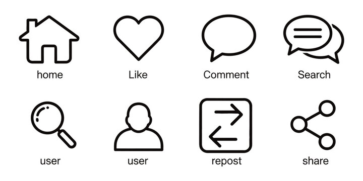 Simple black outline icons home heart speech bubbles and more