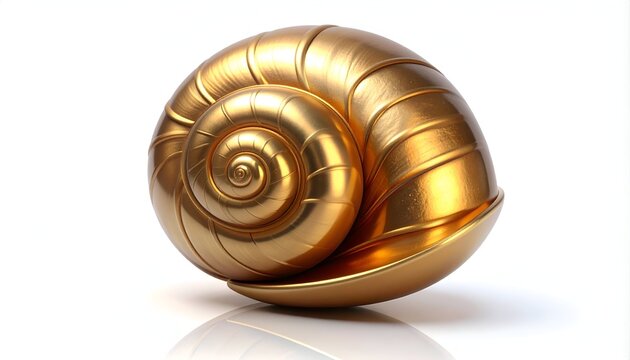 Golden snail shell with intricate spiral design on white background.