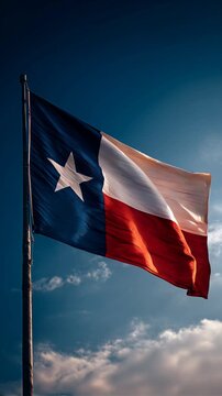 texas flag waving in blue sky
