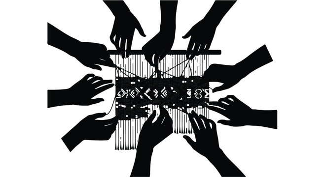 Hands collaborate to weave a complex digital network of interconnected data threads.