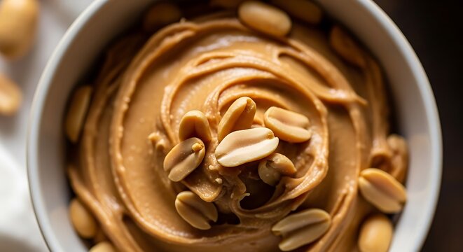 Creamy peanut butter in a small white bowl topped with roasted peanuts. burro arachidi