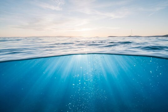 Split view showing a calm ocean surface at sunset above and deep blue water with bubbles below