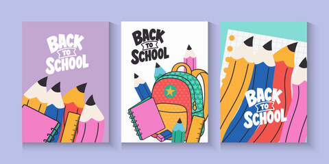 Welcome back to school clipart poster, cards, bannner set design. Back to school greeting cover collection in paper colorful grid space background with educational flat elements and copy space. © bodonk