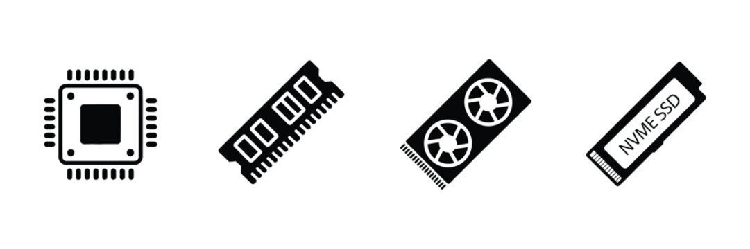 Computer hardware icon featuring CPU processor, RAM memory, GPU graphics card, NVMe SSD storage, black silhouette technology design