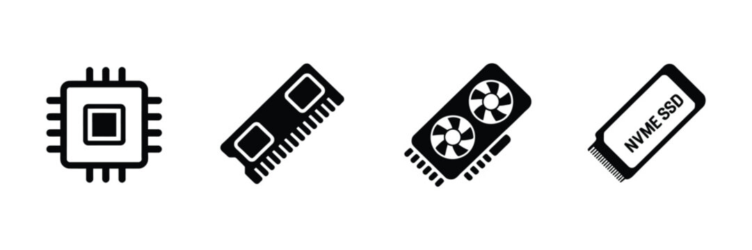 Computer hardware icon featuring CPU processor, RAM memory, GPU graphics card, NVMe SSD storage, black silhouette technology design
