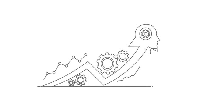 Arrow pointing upward displays a human head profile integrated with rotating mechanical gears to symbolize business growth, strategic planning, and analytical thinking in a clean, professional design.