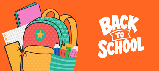 Welcome back to school clipart poster, cards, bannner set design. Back to school greeting cover collection in paper colorful grid space background with educational flat elements and copy space. © bodonk