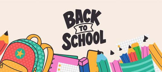 Welcome back to school clipart poster, cards, bannner set design. Back to school greeting cover collection in paper colorful grid space background with educational flat elements and copy space. © bodonk