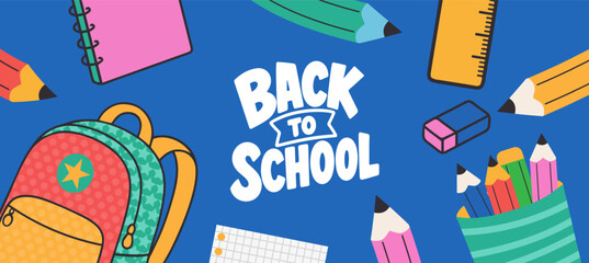 Welcome back to school clipart poster, cards, bannner set design. Back to school greeting cover collection in paper colorful grid space background with educational flat elements and copy space. © bodonk