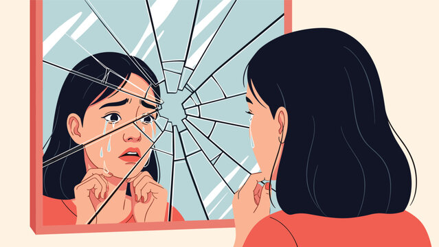 Distraught young woman looking at her reflection in a broken mirror and crying over her self-image or sadness.