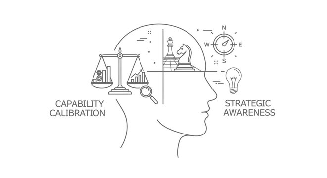 Human head profile outline incorporates balanced scales, a chess knight, a compass, and a lightbulb to illustrate the complex intersection of strategic awareness and analytical capability calibration.