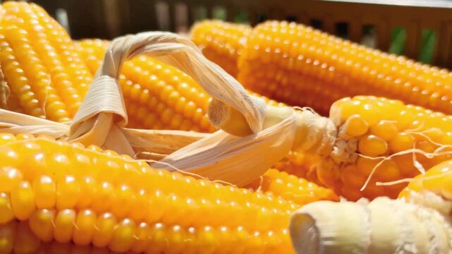 Fresh organic yellow corn with detailed kernels and husks under bright natural sunlight.
