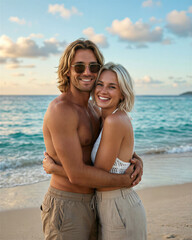 Fototapeta premium Couple embracing on the beach, with blonde man in beige shorts and sunglasses hugging blonde woman in white bikini top and beige pants, with a serene ocean and cloudy sky in the background.