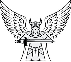 Obraz premium Powerful Viking Warrior Angel with Gleaming Sword, Majestic Wings Spread Wide, Ready for Battle or Protection, Mythical Fantasy Hero, Ancient Mythology, Norse Gods, Epic Saga, Digital Art, Clean Line