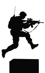 Obraz premium Silhouette of determined soldier in combat gear, mid-leap over obstacle with assault rifle aimed, representing military operation, tactical training, defense strategy, and action-packed adventure, con