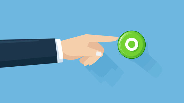 A cartoon depiction of a hand in a suit sleeve about to press a green button with a white circle