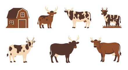 Fototapeta premium Cartoon cows and barn vector illustration farm animals isolated design
