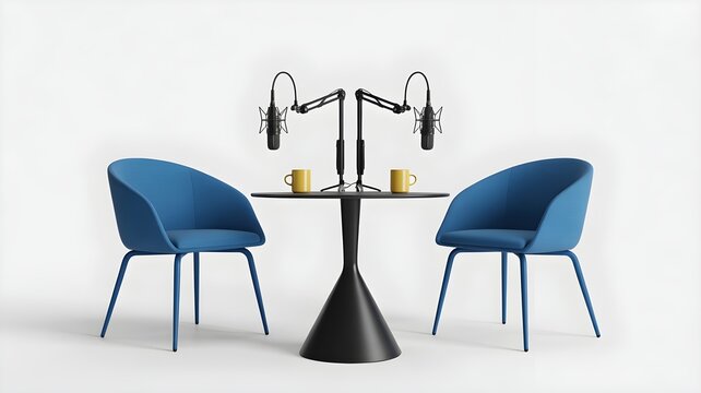 Modern podcasting setup with blue chairs and table and microphones on white background for recording or interview