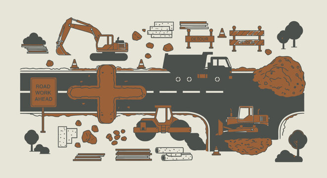 Road construction scene illustrated with machinery and elements