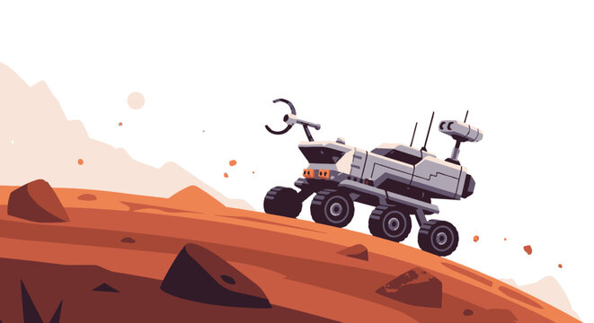 Rover exploration on a red planet surface illustration against a white background