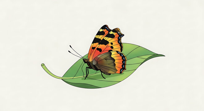 Small tortoiseshell butterfly resting on a green leaf, delicate insect with orange and black patterned wings, detailed illustration on a pale background